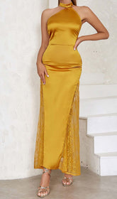 Halter Lace Satin Maxi Dress In MUSTARD